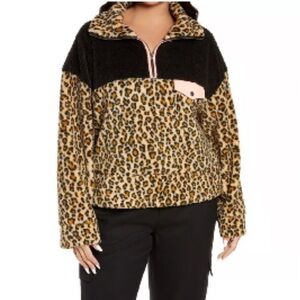 Nordstrom BP Leopard Print Colorblock Black 1/4 Zip Pullover Sherpa. Size XS NWT